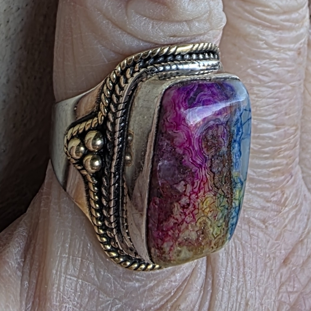 Crazy Lace Gemstone Ring in 925 Sterling Silver w/ Gold Vermeil Accents (7)